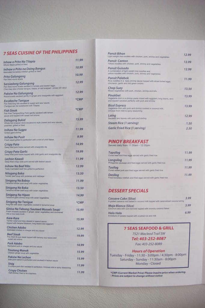 Menu of 7 Seas Seafood & Grill Restaurant photo3