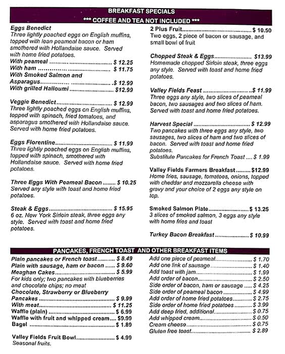 Menu of Valley Fields Restaurant photo2