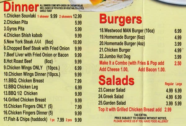 Menu of Westwood Bar and Grill photo4