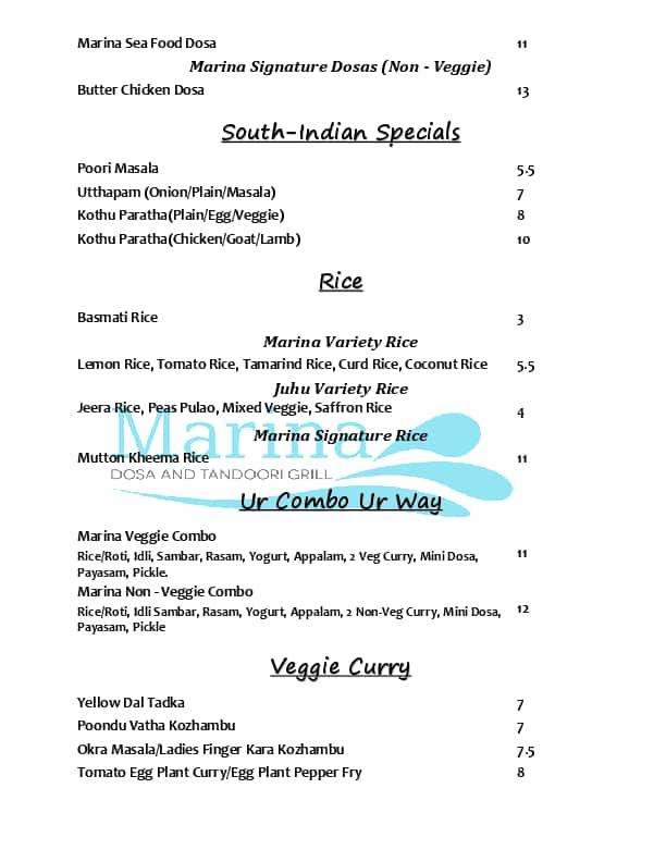 Menu of Marina Dosa & Tandoori Grill photo4