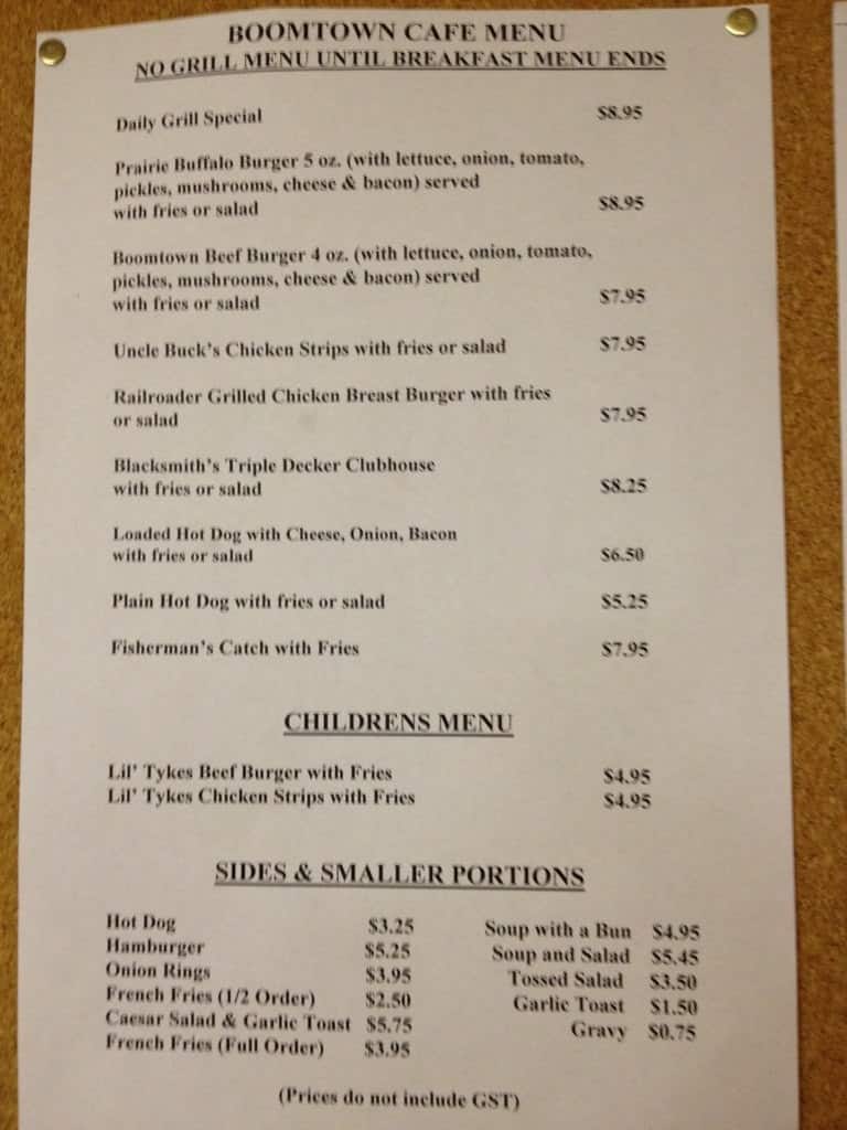 Menu of Boomtown Café in Western Development Museum photo3