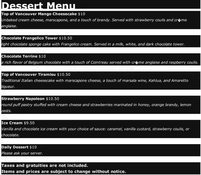 Menu of Top of Vancouver Revolving Restaurant photo16