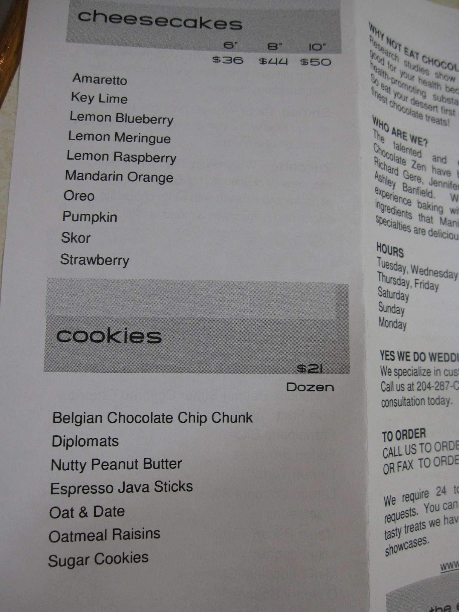 Menu of Chocolate Zen Bakery photo5