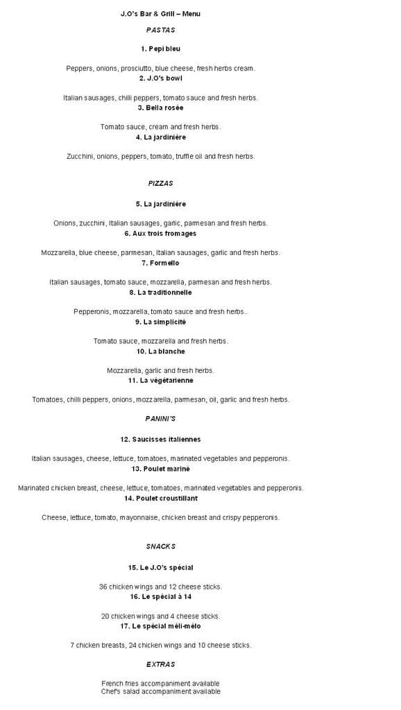 Menu of Bar JO – J.O’s Bar and Grill photo2