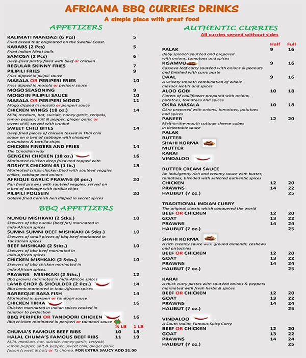 Menu of Africana BBQ Curries Drinks photo2