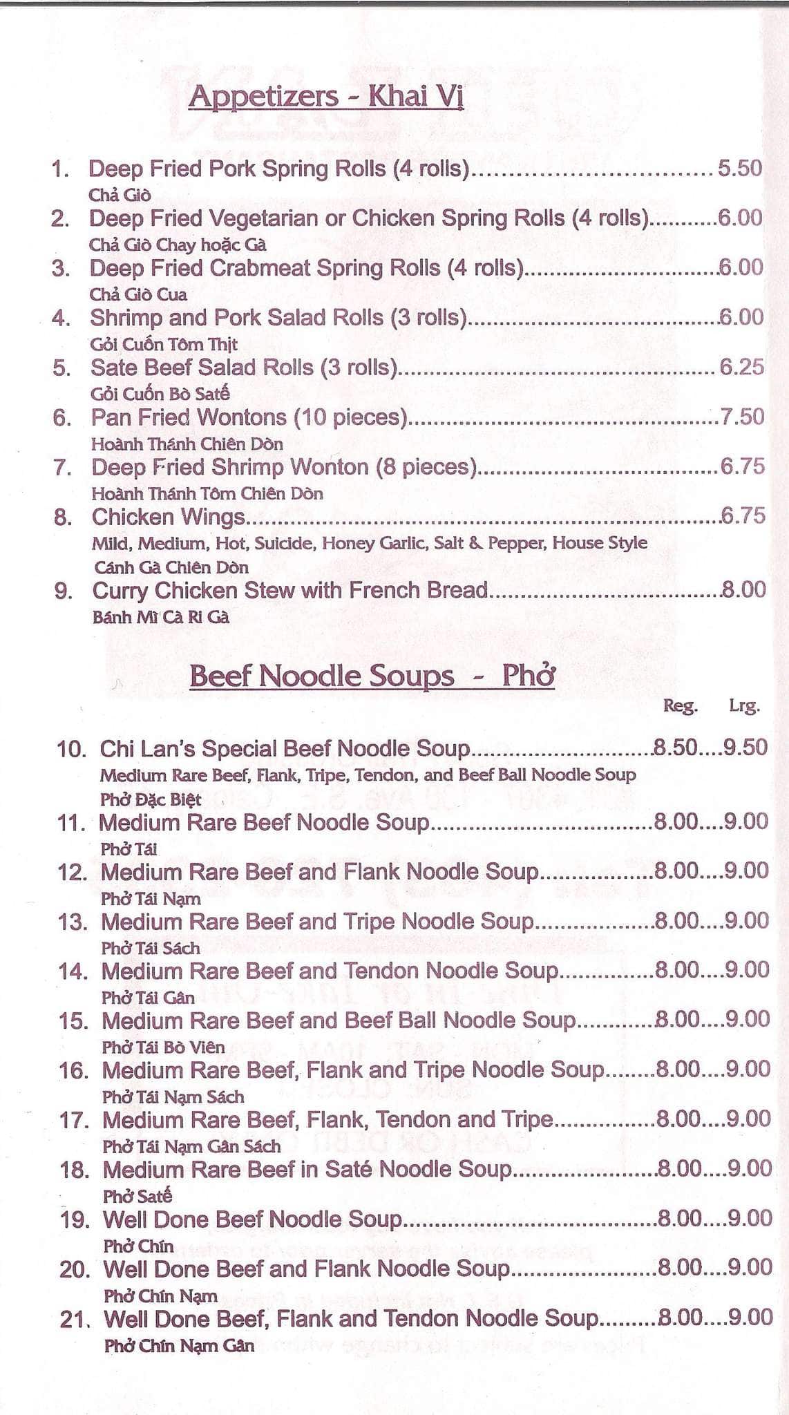 Menu of Chi Lan Vietnamese Restaurant photo3