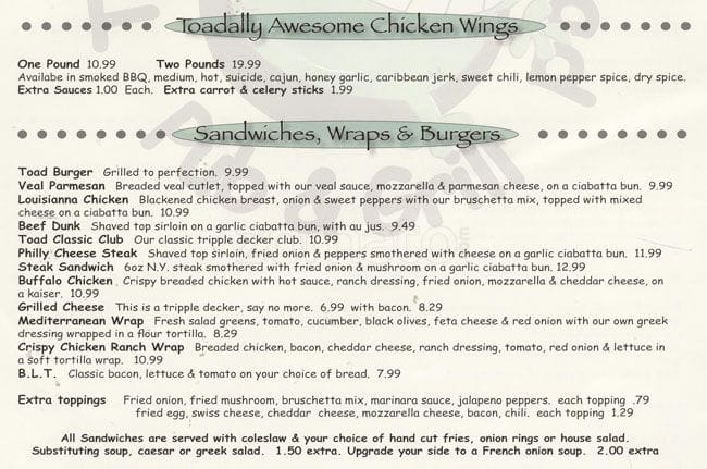 Menu of The Tickled Toad Bar & Grill photo3