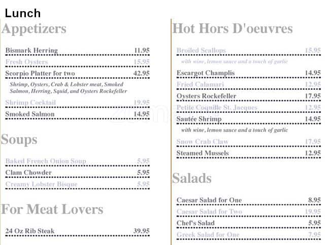 Menu of Scorpio Seafood & Steak House photo2