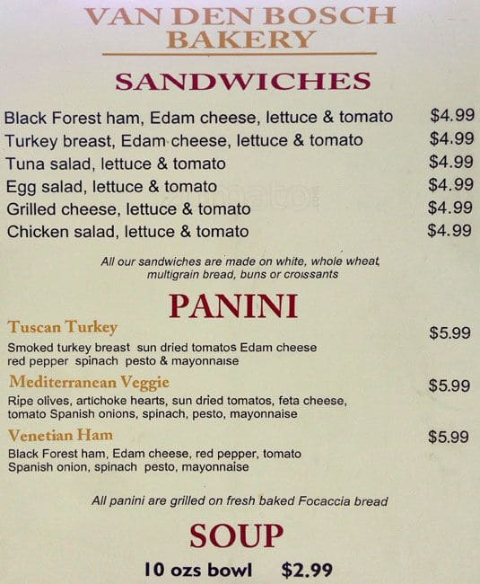 Menu of Van Den Bosch Bakery photo2
