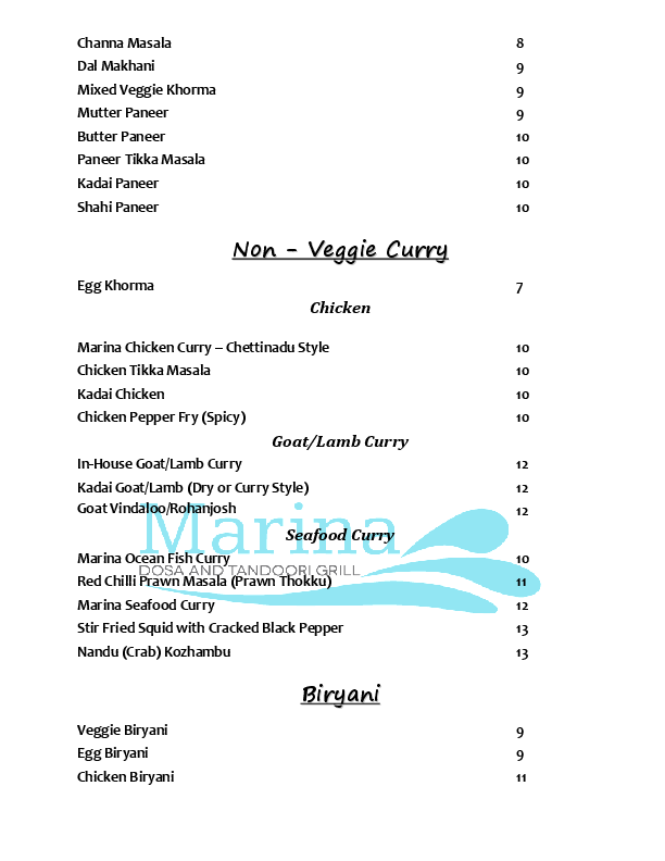 Menu of Marina Dosa & Tandoori Grill photo5