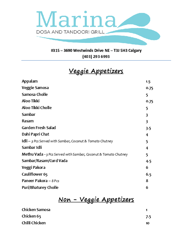 Menu of Marina Dosa & Tandoori Grill photo2
