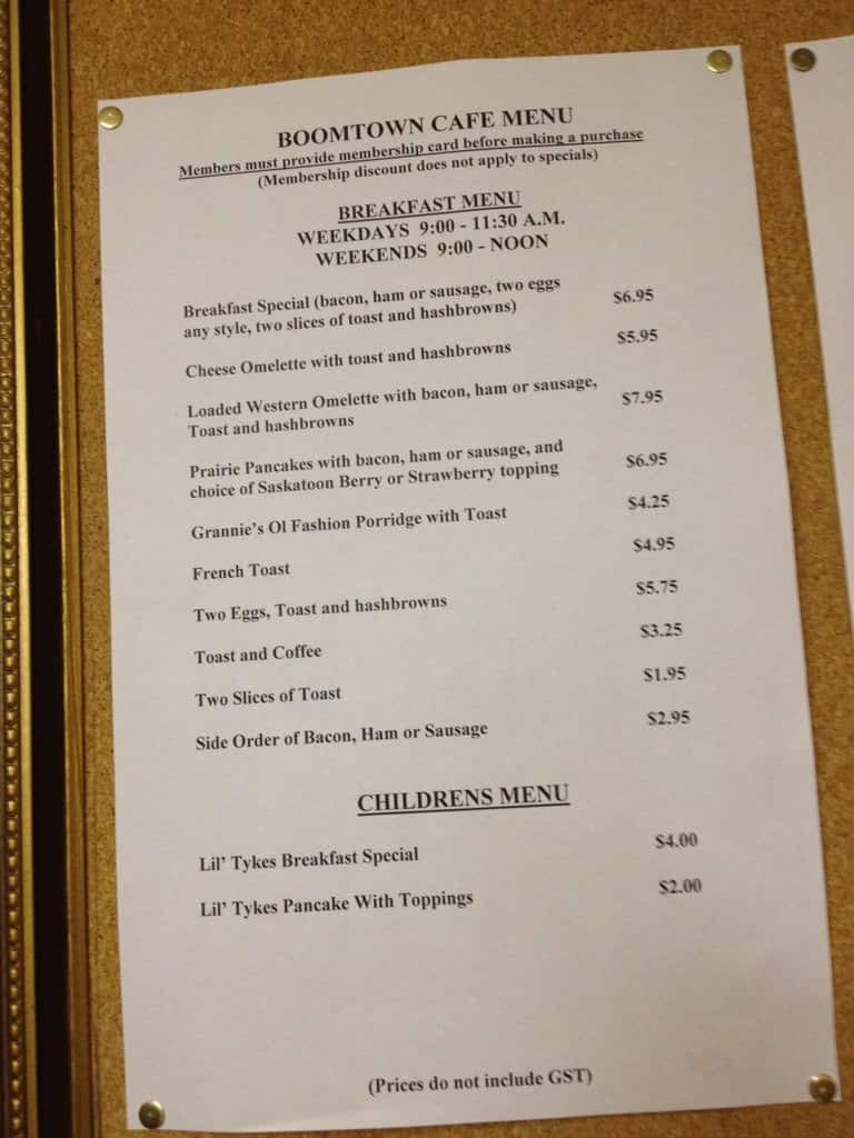 Menu of Boomtown Café in Western Development Museum photo2