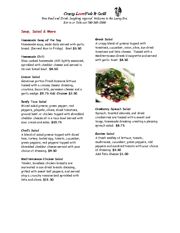 Menu of Crazy Loon Pub & Grill photo3