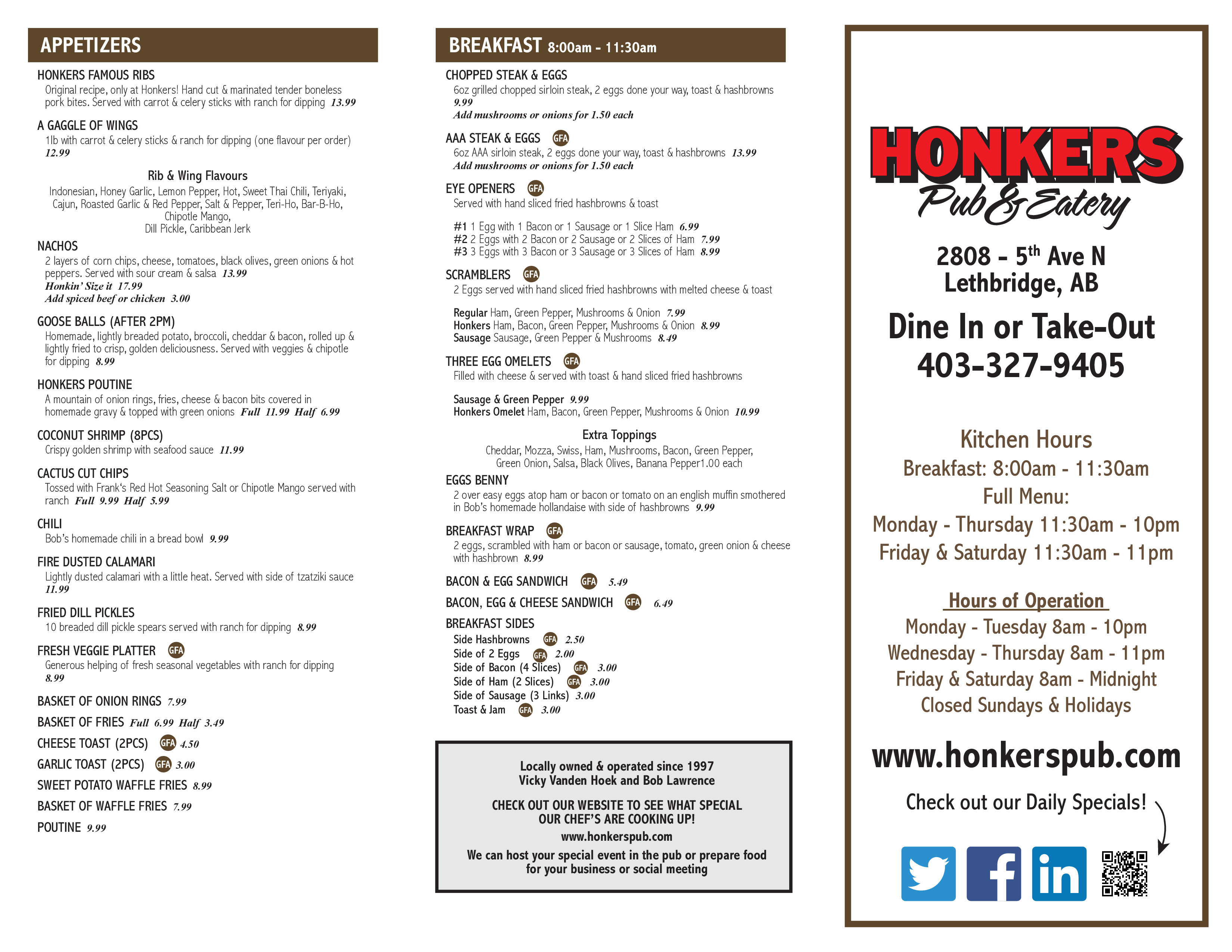 Menu of Honkers Pub & Eatery Ltd. photo2