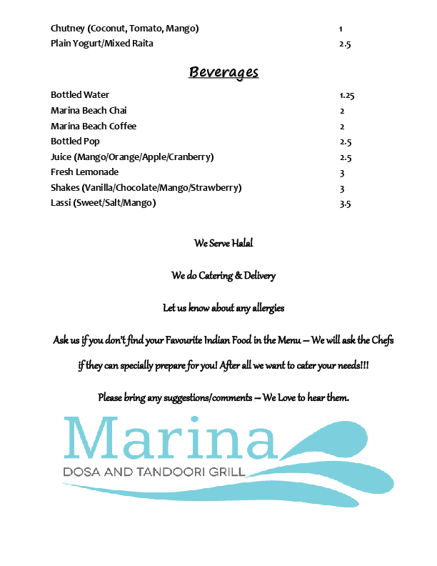 Menu of Marina Dosa & Tandoori Grill photo7