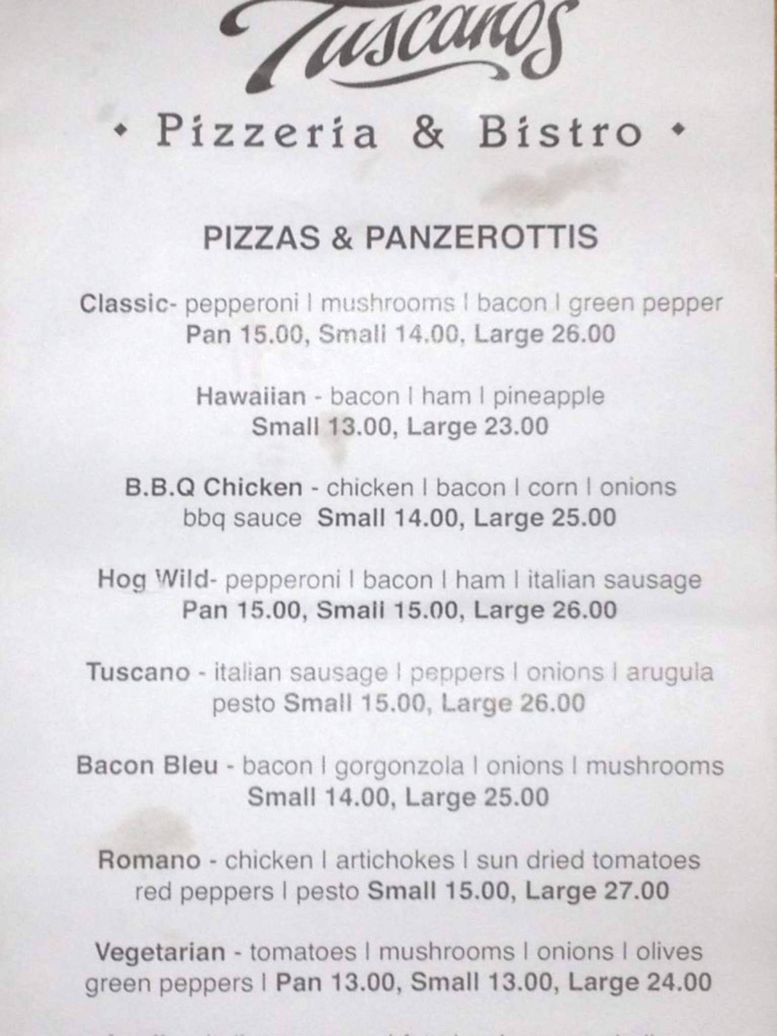 Menu of Tuscanos Pizzeria & Bistro photo2