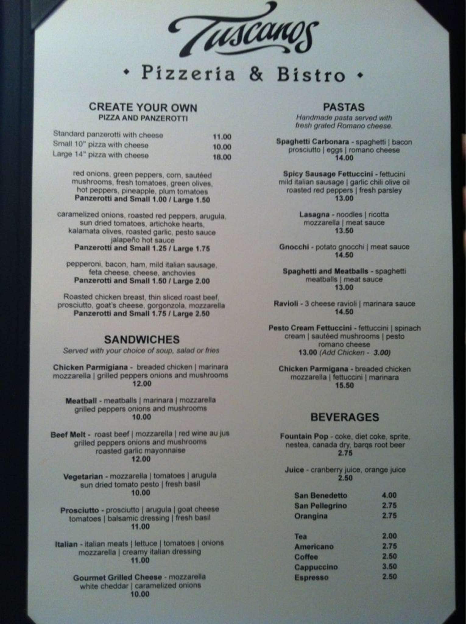 Menu of Tuscanos Pizzeria & Bistro photo4