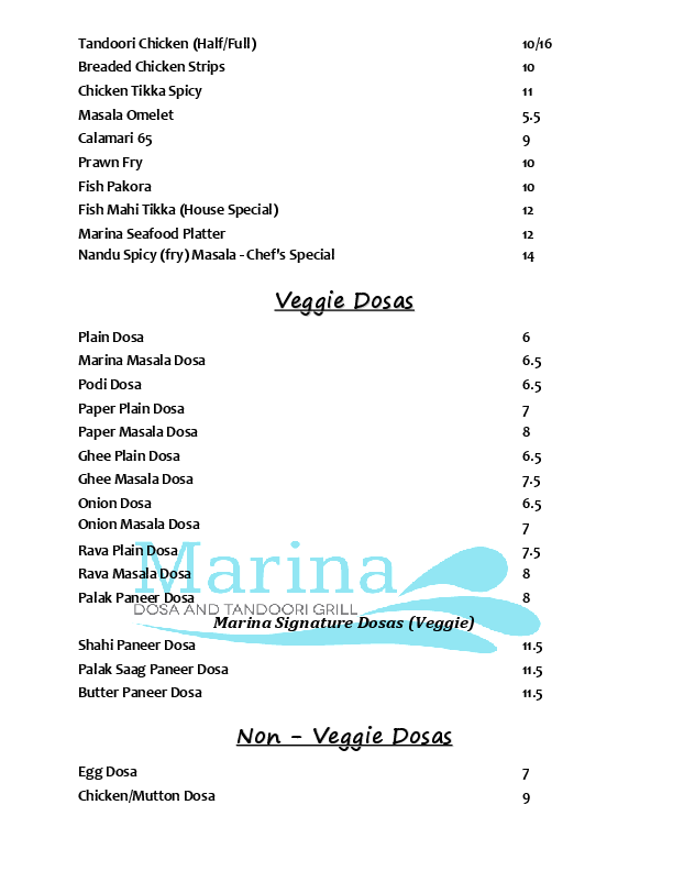 Menu of Marina Dosa & Tandoori Grill photo3