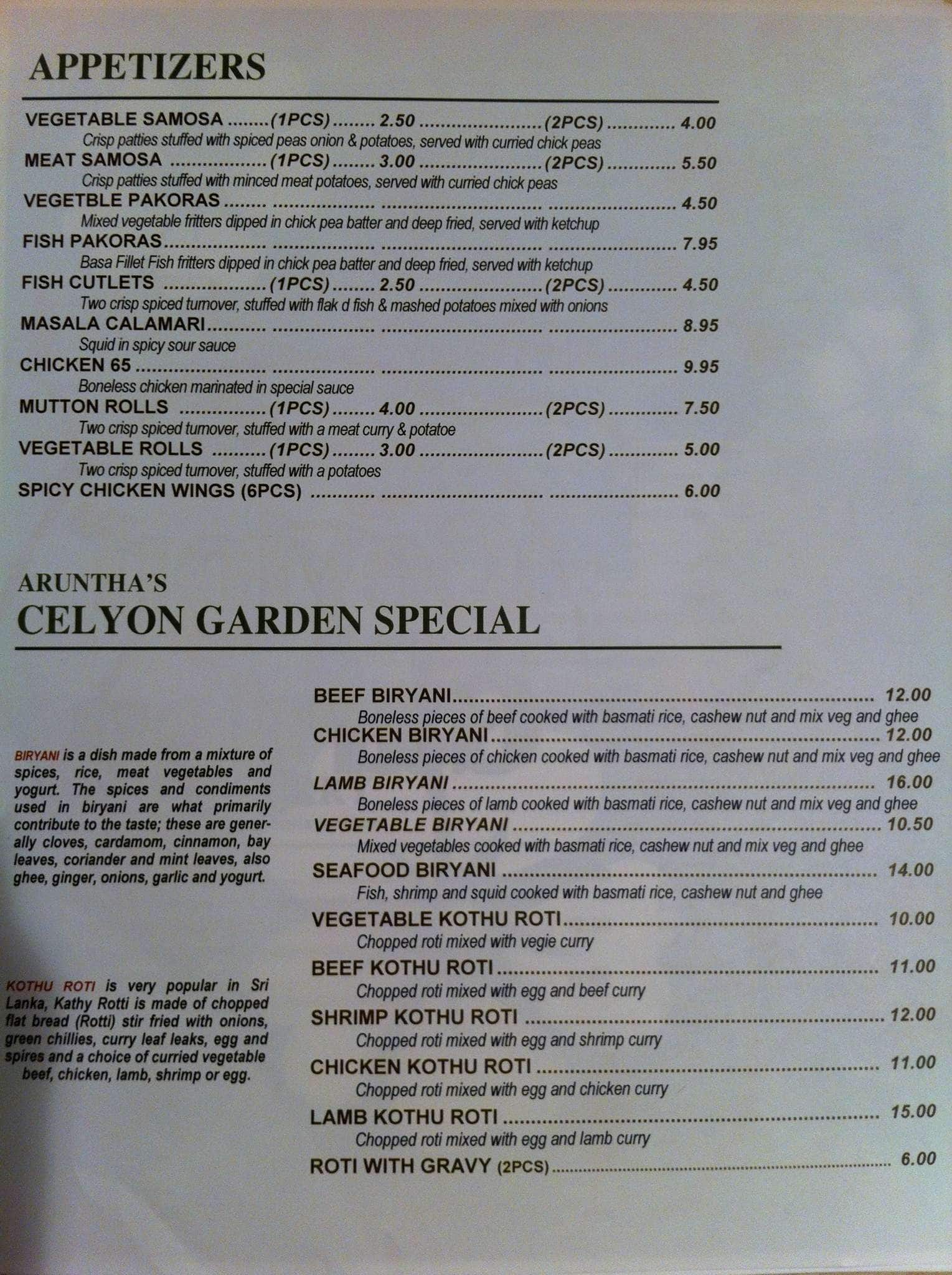 Menu of Aruntha’s Ceylon Garden photo2